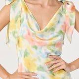 Allexina Satin Cowl Neck Midi Dress in Yellow Watercolor
