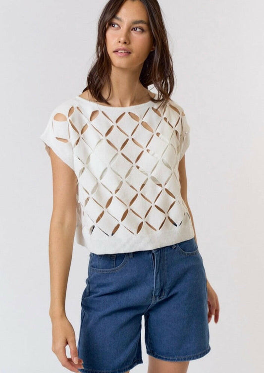 Cut Out Detail Sweater Top in Off-White