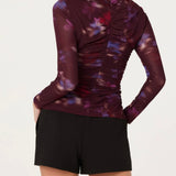 ASTR The Label Yasmine Floral Mesh Ruched Top in Dark Plum Multi