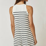 Striped Pleated Sleeveless Sweater Mini Dress in White