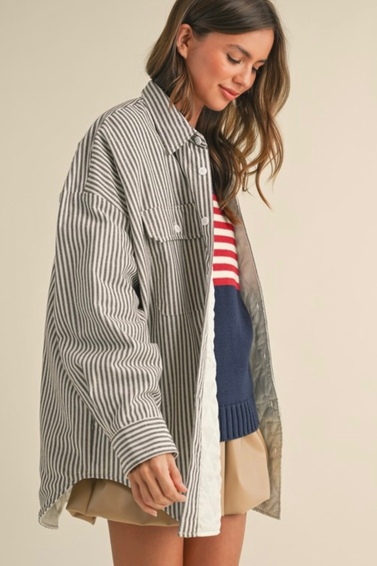 Striped Padded Oversized Shacket in Brown