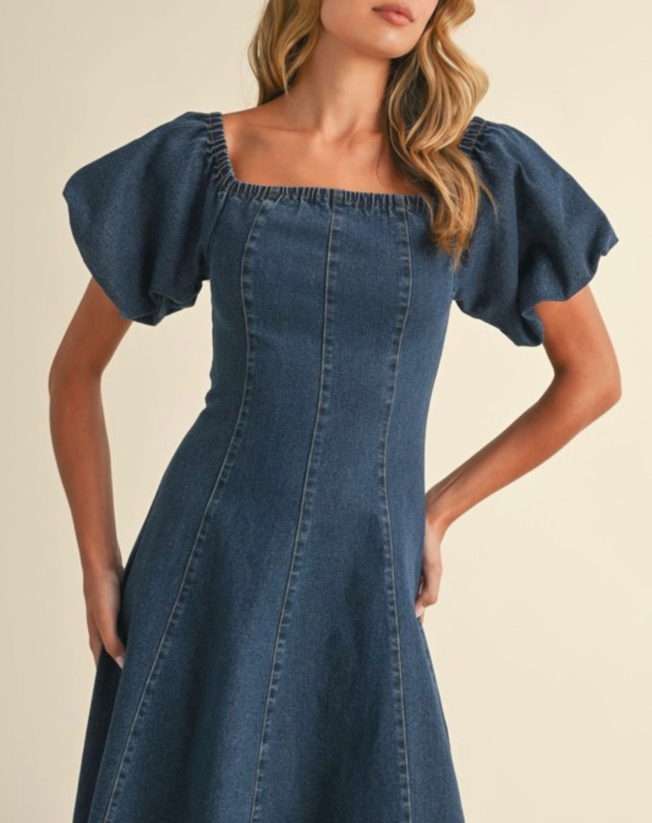 Denim Puff Sleeve A-Line Midi Dress
