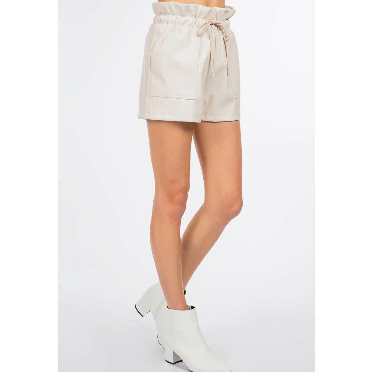 Pocket Detail Leather Shorts in Beige