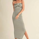 Sage Striped Knitted Knot Front Maxi Dress