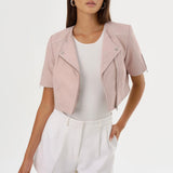 Kirsi Cropped Biker Jacket - Pink Denim
