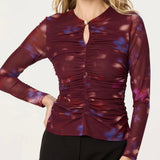 ASTR The Label Yasmine Floral Mesh Ruched Top in Dark Plum Multi