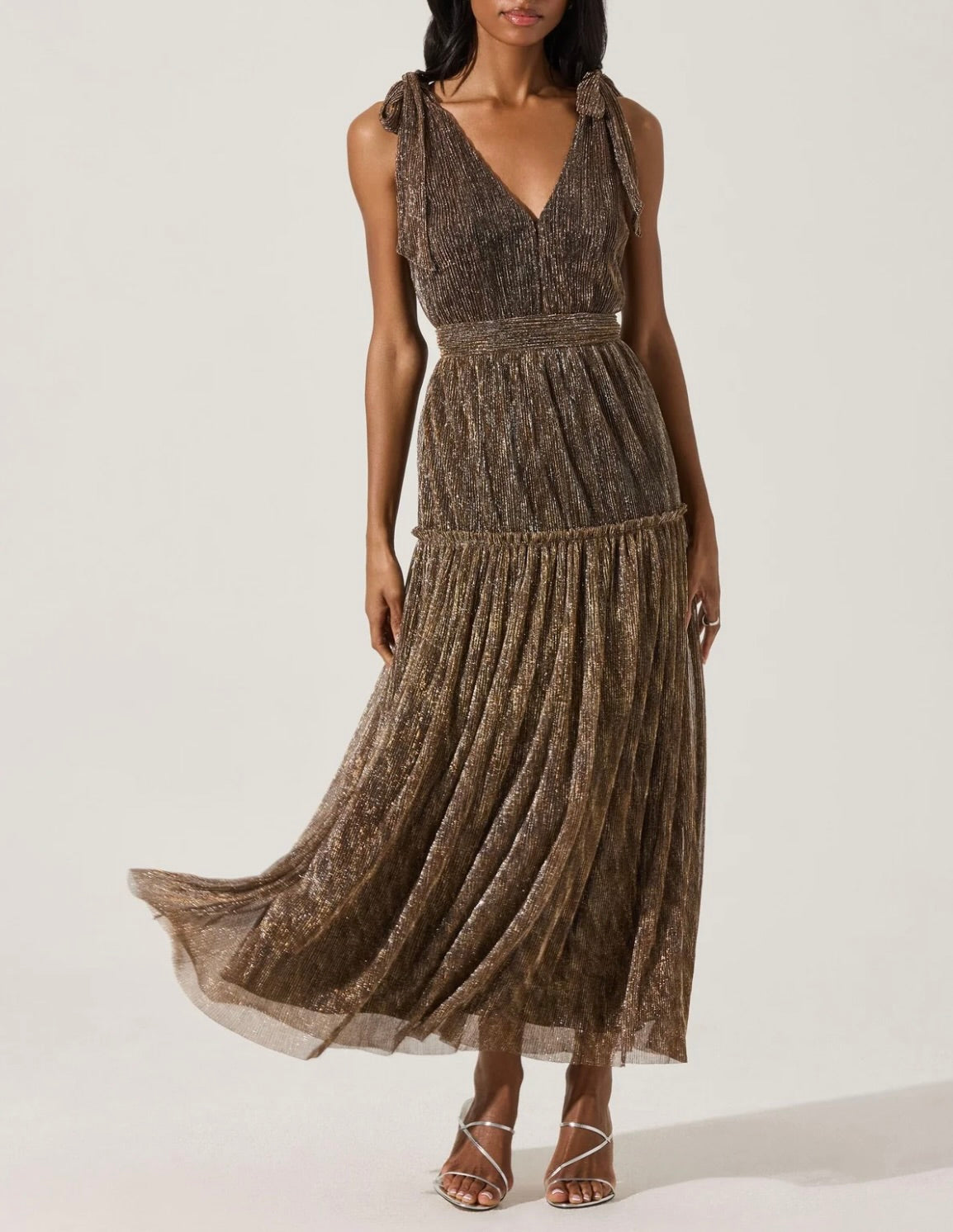astr maxi dress ASTR the Label | Desma Metallic V-Neck Maxi Dress in Bronze