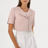 Kirsi Cropped Biker Jacket - Pink Denim