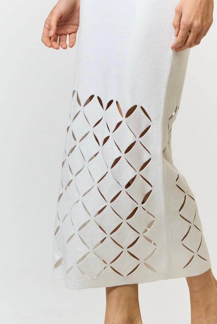 Cut Out Detail Square Neck Sweater Midi Dress in Off-White