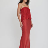 THIRD FORM Visions Lace Strapless Maxi Dress in Crimson
