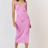 Rosette Ribbed Kit Sweater Midi Dress in Candy Pink