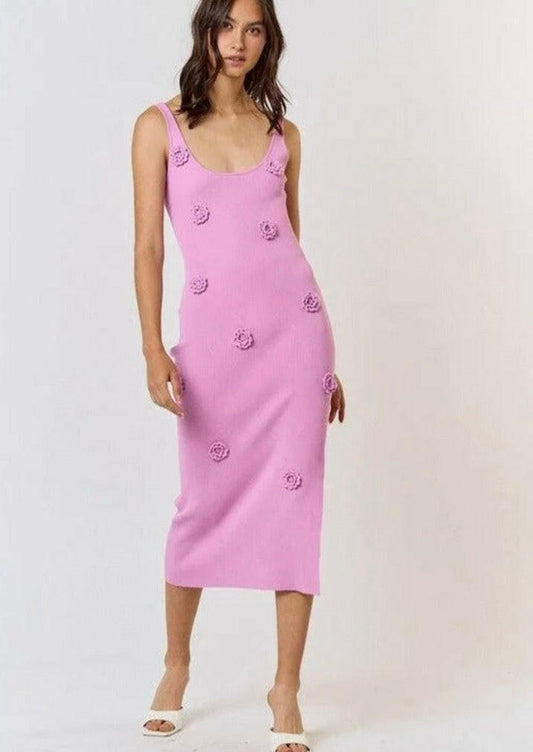 Rosette Ribbed Kit Sweater Midi Dress in Candy Pink