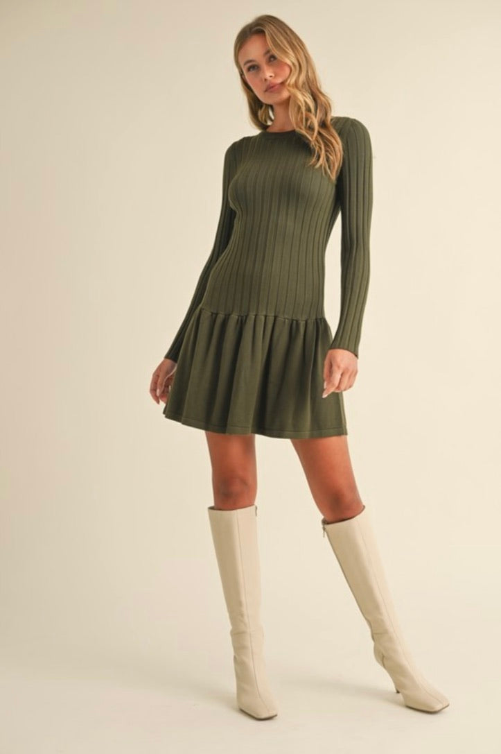 Ribbed Long Sleeve Crewneck Drop Waist Flare Dress in Olive