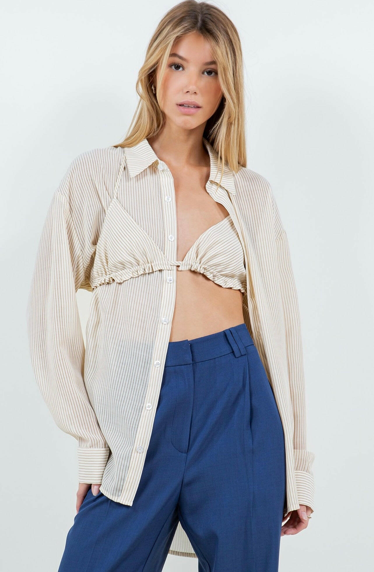 Button-up Sheer Blouse with Bikini Top in Ivory/Camel