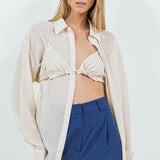 Button-up Sheer Blouse with Bikini Top in Ivory/Camel