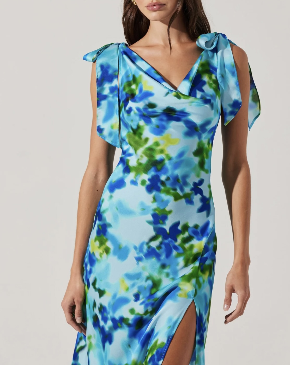 ASTR the Label | Allexina Satin Cowl Neck Midi Dress in Water Blue Print