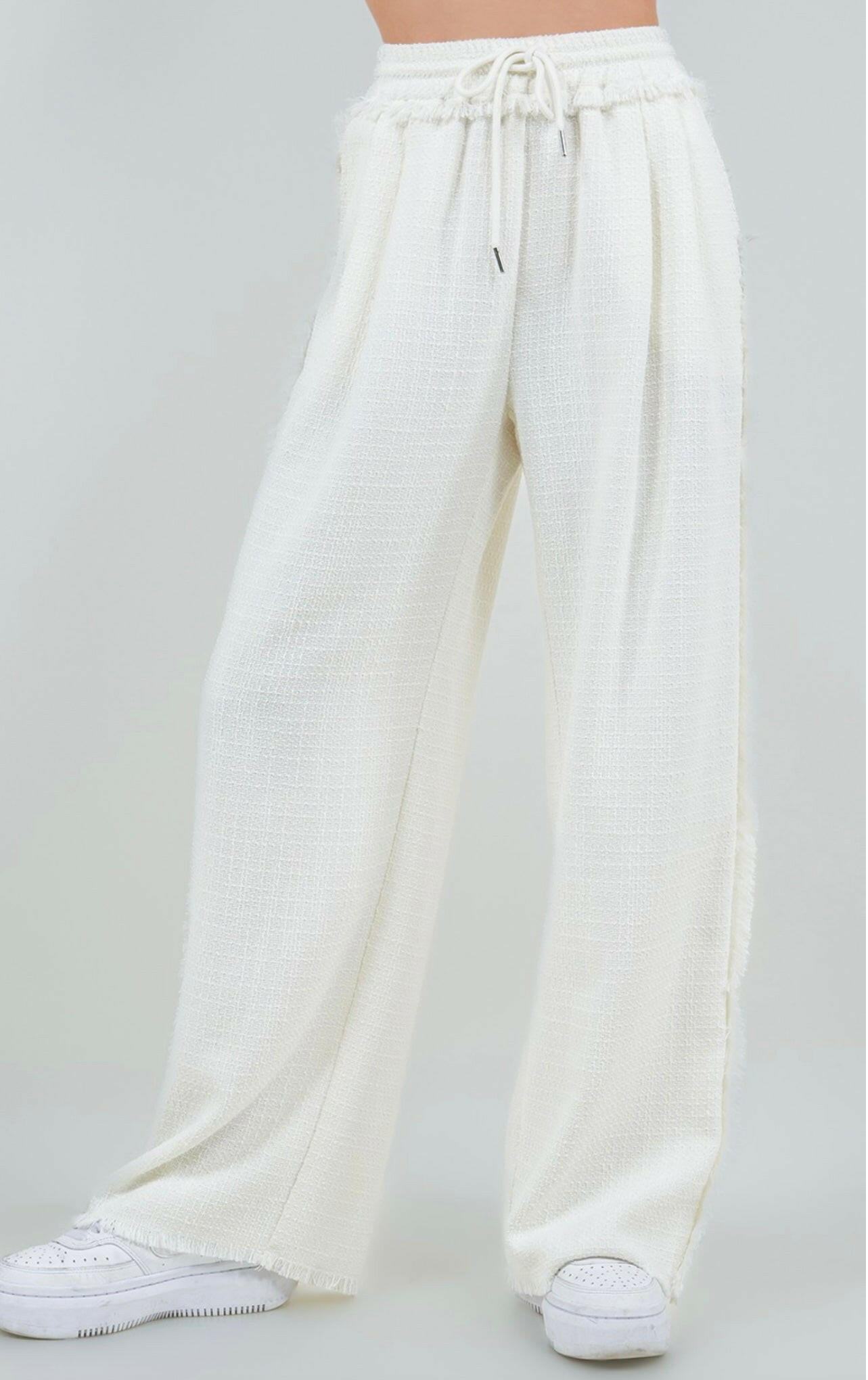 Wide Drawstring Fringe Pants in Ivory