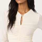 ASTR The Label Yasmine Floral Mesh Ruched Top in Off White