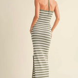 Sage Striped Knitted Knot Front Maxi Dress