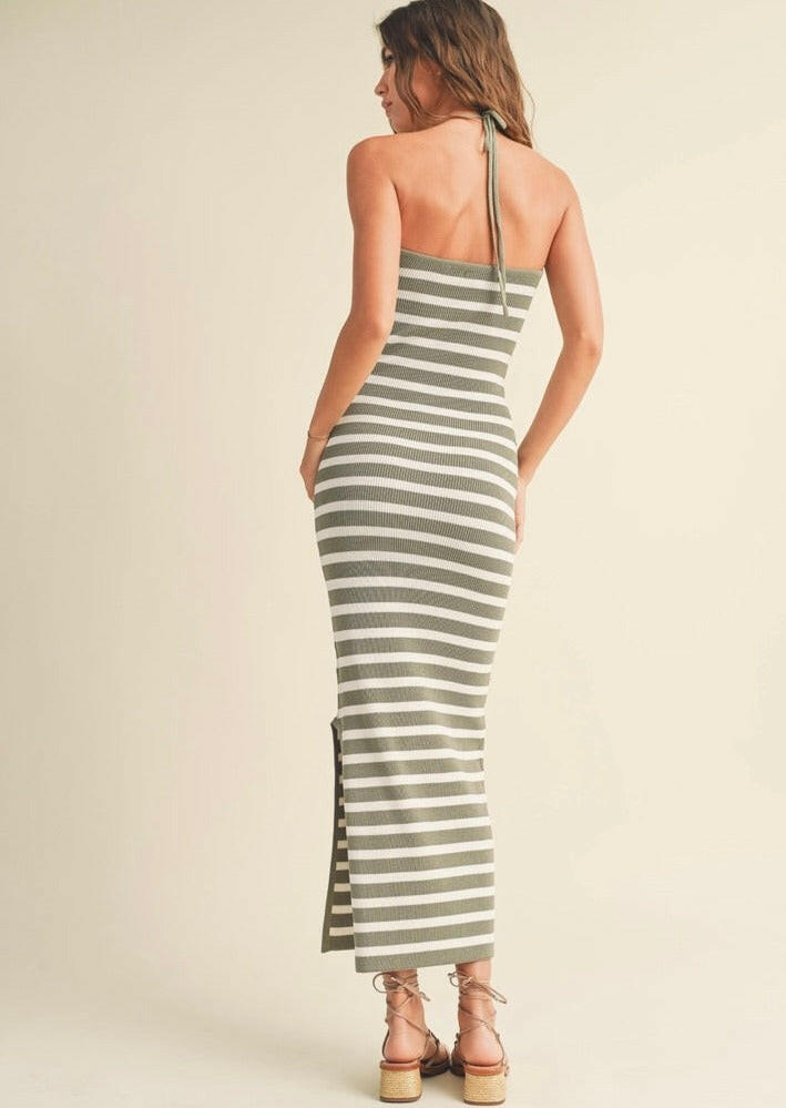 Sage Striped Knitted Knot Front Maxi Dress