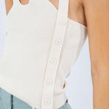 Asymmetrical Tank Top with Side Button Detail in Beige