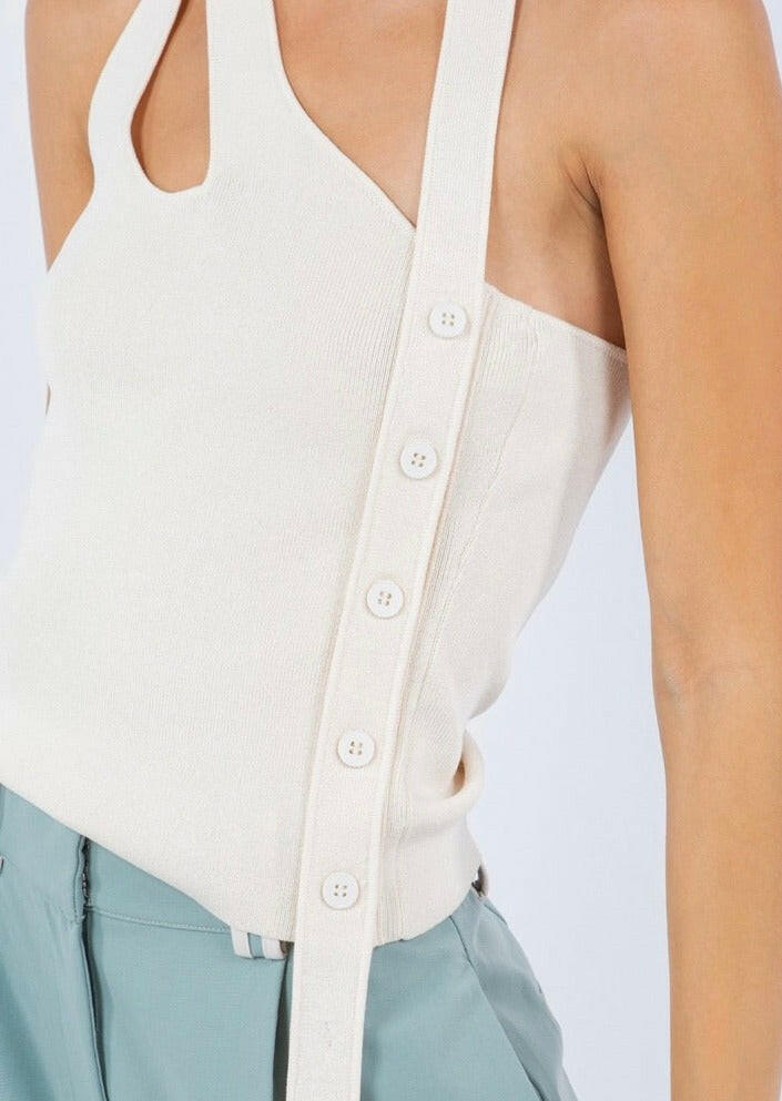 Asymmetrical Tank Top with Side Button Detail in Beige