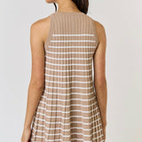 Striped Pleated Sleeveless Sweater Mini Dress in Taupe