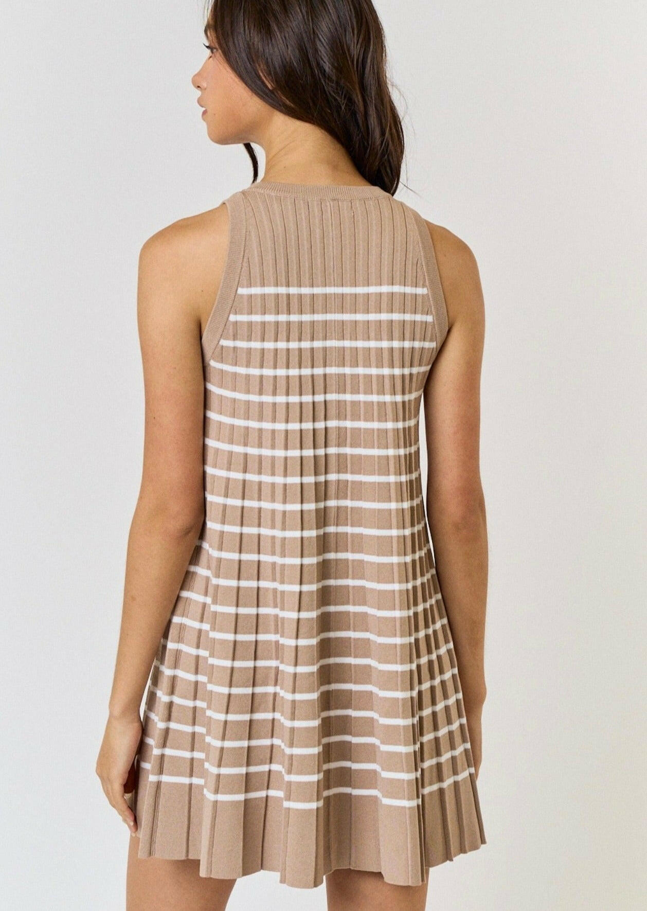 Striped Pleated Sleeveless Sweater Mini Dress in Taupe