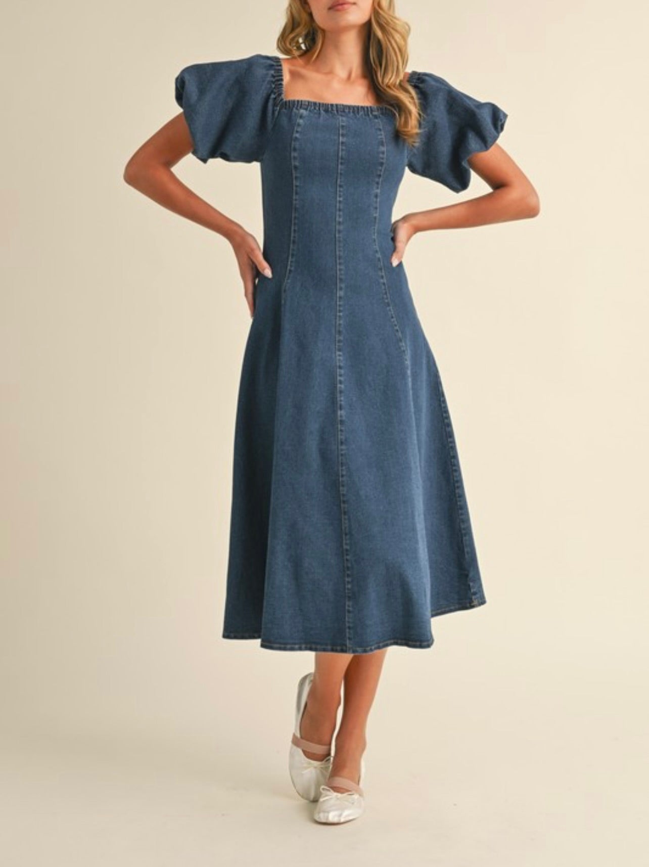 Klesis / Denim Puff Sleeve A-Line Midi Dress / Small Klesis / Denim Puff Sleeve A-Line Midi Dress / Small