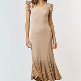 Ruffle Sleeve Pleated Mermaid Sweater Maxi Dress in Tan
