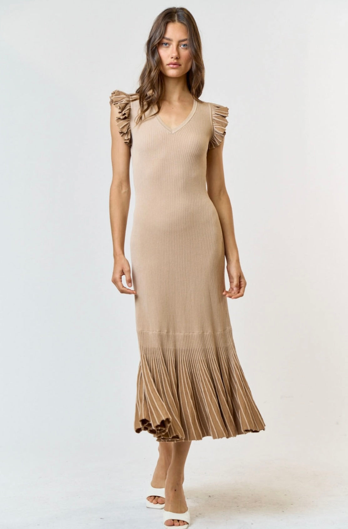 Ruffle Sleeve Pleated Mermaid Sweater Maxi Dress in Tan