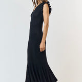 Ruffle Sleeve Pleated Mermaid Sweater Maxi Dress in Black