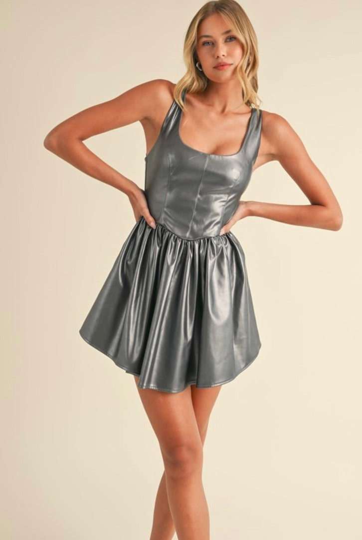 Bustier Top Gathered Flare Skirt Mini Dress in Gunmetal