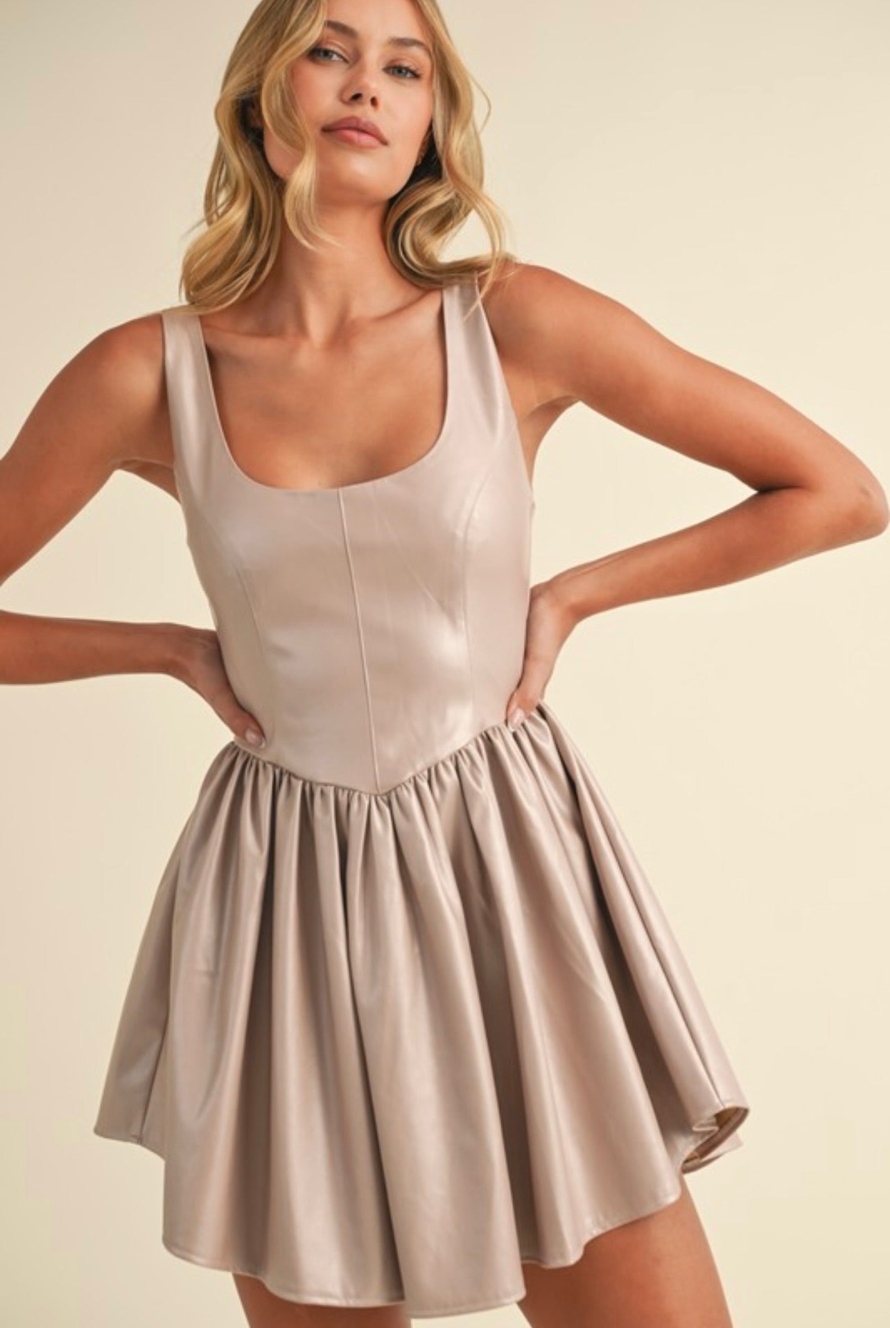 Bustier Top Gathered Flare Skirt Mini Dress in Champagne