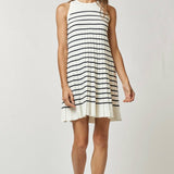 Striped Pleated Sleeveless Sweater Mini Dress in White