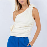 Rosette Ruched One Shoulder Crop Tank in Butter