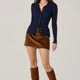 Keren Collared Ribbed Knit Cardigan in Navy