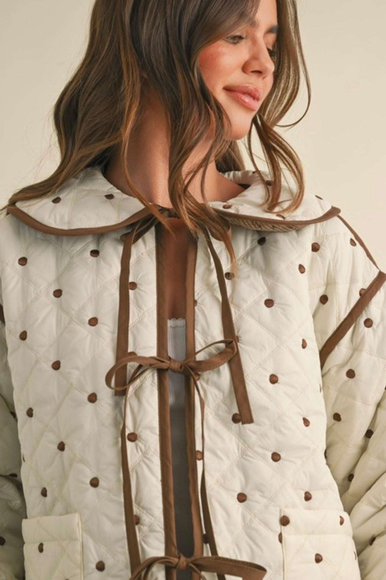 Polkadot Embroidered Quilted Jacket in Cream and Brown