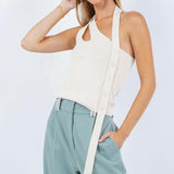 Asymmetrical Tank Top with Side Button Detail in Beige