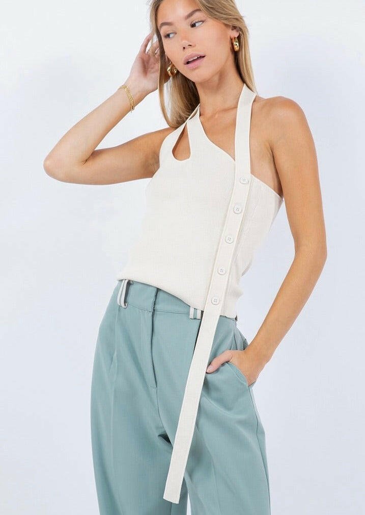 Asymmetrical Tank Top with Side Button Detail in Beige