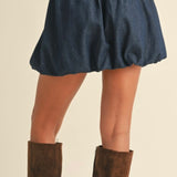 Denim Balloon Bubble Mini Skirt in Dark Denim