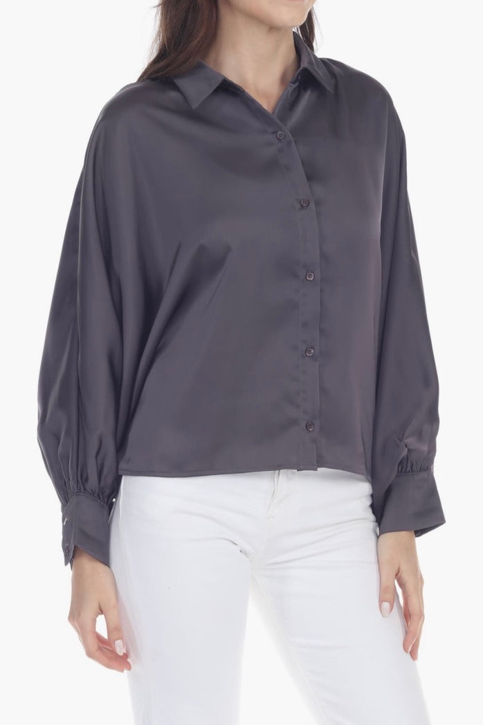 Dolman Balloon Sleeve Satin Button-up Blouse
