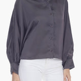 Dolman Balloon Sleeve Satin Button-up Blouse