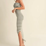 Sage Striped Knitted Knot Front Maxi Dress