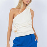 Rosette Ruched One Shoulder Crop Tank in Butter