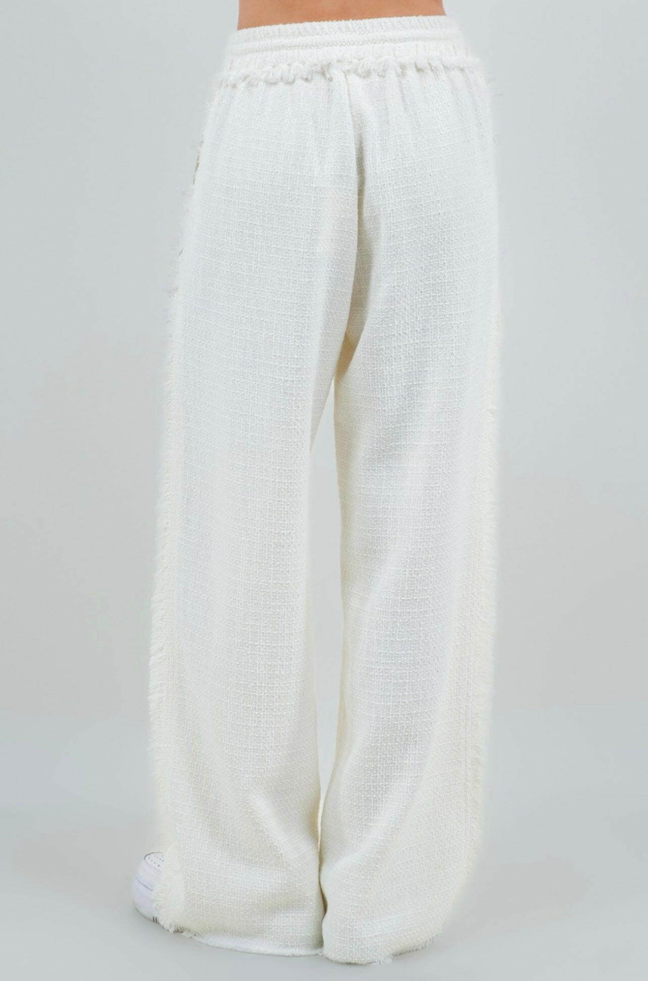 Wide Drawstring Fringe Pants in Ivory