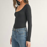 Self Double Scoop Neck Long Sleeve Bodysuit in Black