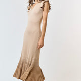 Ruffle Sleeve Pleated Mermaid Sweater Maxi Dress in Tan