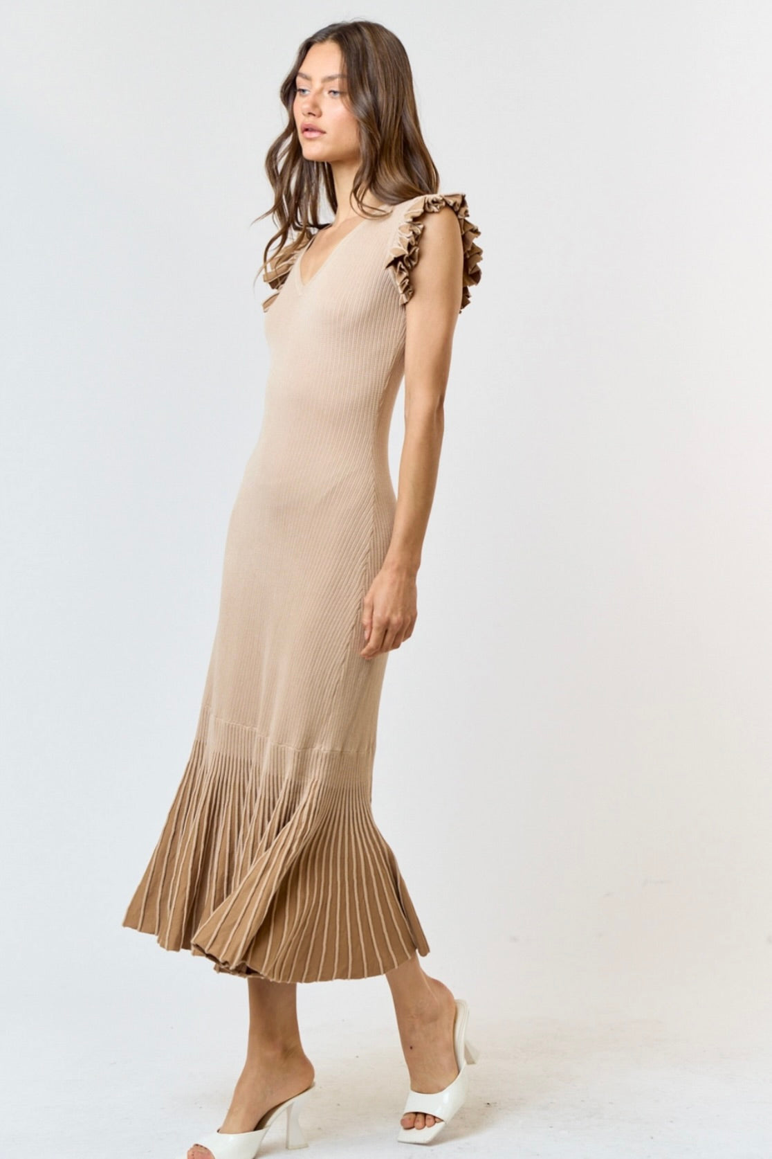 Ruffle Sleeve Pleated Mermaid Sweater Maxi Dress in Tan