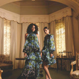 Briony Tiered Gown in Black and Blue Floral